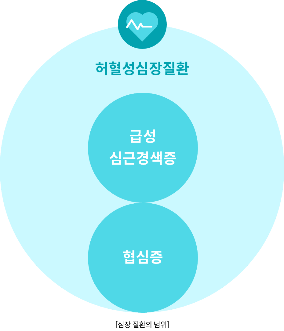 [심장 질환의 범위] 허혈성심장질환 안에 급성심근경색증과 협심증이 포함된다.